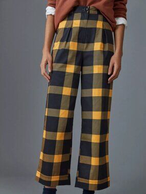 Porridge Anthropologie Cilla Plaid Trousers Sz L-XL Black & Yellow